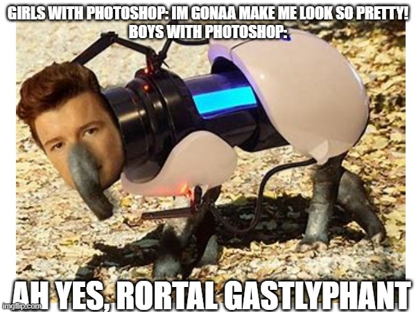 Balls | GIRLS WITH PHOTOSHOP: IM GONAA MAKE ME LOOK SO PRETTY!
BOYS WITH PHOTOSHOP:; AH YES, RORTAL GASTLYPHANT | image tagged in rick rolled | made w/ Imgflip meme maker
