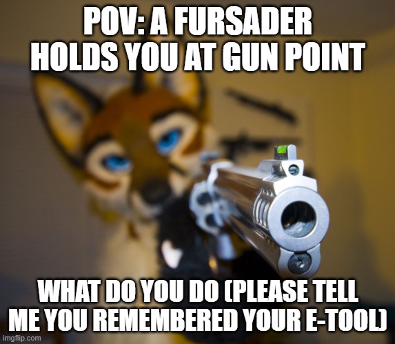 Remember your training! | POV: A FURSADER HOLDS YOU AT GUN POINT; WHAT DO YOU DO (PLEASE TELL ME YOU REMEMBERED YOUR E-TOOL) | image tagged in furry with gun,anti furry,furry,furries | made w/ Imgflip meme maker