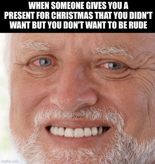 Just hide your feelings | WHEN SOMEONE GIVES YOU A PRESENT FOR CHRISTMAS THAT YOU DIDN'T WANT BUT YOU DON'T WANT TO BE RUDE | image tagged in hide the pain harold,memes,christmas,merry christmas,christmas memes,christmas presents | made w/ Imgflip meme maker