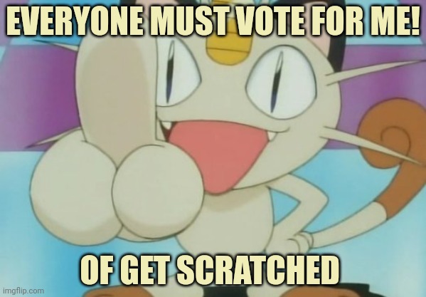 Meowth Dickhand | EVERYONE MUST VOTE FOR ME! OF GET SCRATCHED | image tagged in meowth dickhand | made w/ Imgflip meme maker