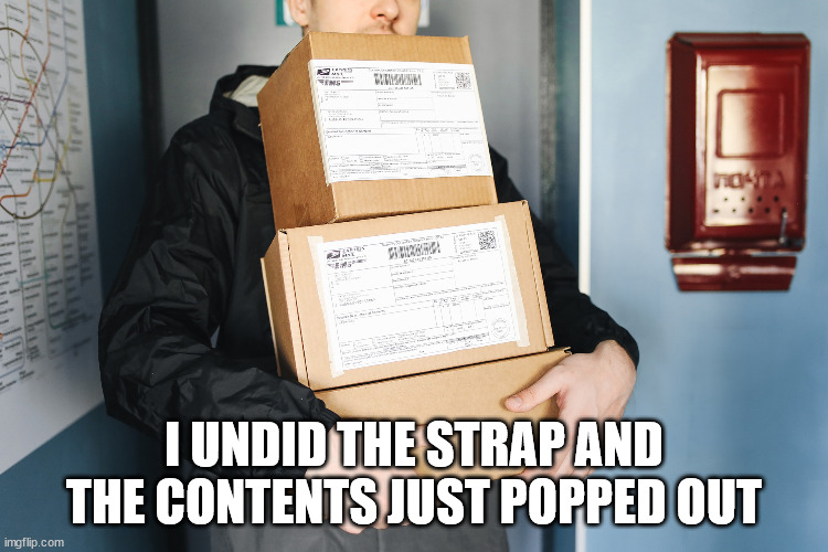 Parcel delivery | I UNDID THE STRAP AND THE CONTENTS JUST POPPED OUT | image tagged in parcel delivery | made w/ Imgflip meme maker