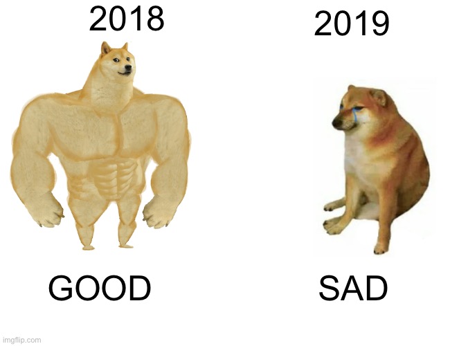 Buff Doge vs. Cheems | 2018; 2019; GOOD; SAD | image tagged in memes,buff doge vs cheems | made w/ Imgflip meme maker
