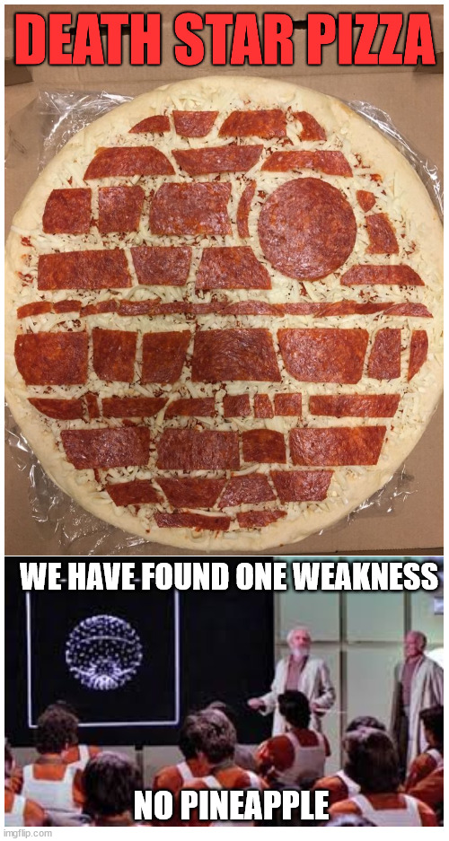 This Death Star is fully fruity | WE HAVE FOUND ONE WEAKNESS; NO PINEAPPLE | image tagged in blank white template,death star,pizza,pineapple,pineapple pizza | made w/ Imgflip meme maker