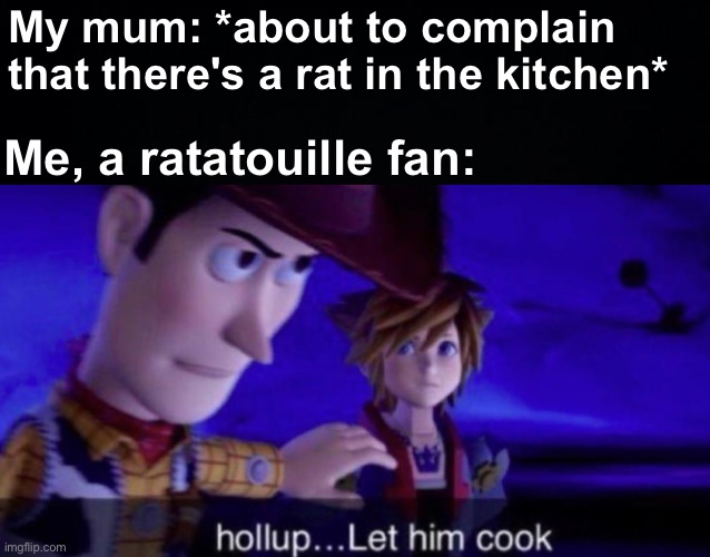 Hollup | My mum: *about to complain that there's a rat in the kitchen*; Me, a ratatouille fan: | image tagged in memes,unfunny | made w/ Imgflip meme maker