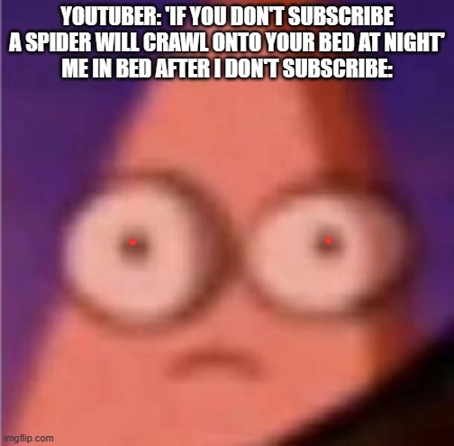 Eyes wide Patrick | YOUTUBER: 'IF YOU DON'T SUBSCRIBE A SPIDER WILL CRAWL ONTO YOUR BED AT NIGHT'
ME IN BED AFTER I DON'T SUBSCRIBE: | image tagged in eyes wide patrick | made w/ Imgflip meme maker