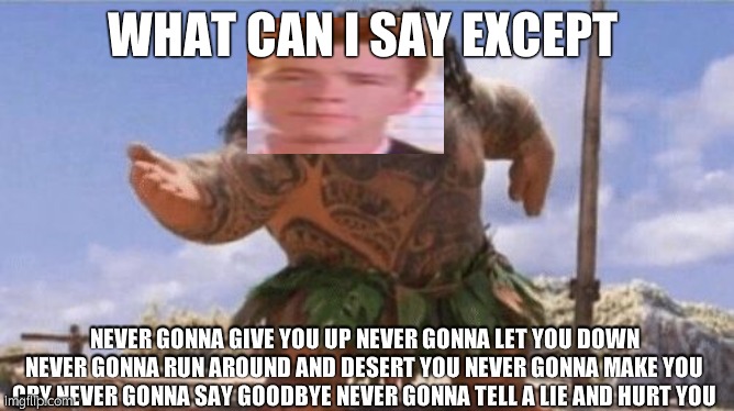 What can i say except your rickrolled | WHAT CAN I SAY EXCEPT; NEVER GONNA GIVE YOU UP NEVER GONNA LET YOU DOWN NEVER GONNA RUN AROUND AND DESERT YOU NEVER GONNA MAKE YOU CRY NEVER GONNA SAY GOODBYE NEVER GONNA TELL A LIE AND HURT YOU | image tagged in what can i say except x | made w/ Imgflip meme maker
