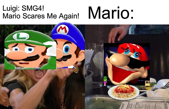 Mario Jumpscare | Luigi: SMG4! Mario Scares Me Again! Mario: | image tagged in memes,woman yelling at cat | made w/ Imgflip meme maker