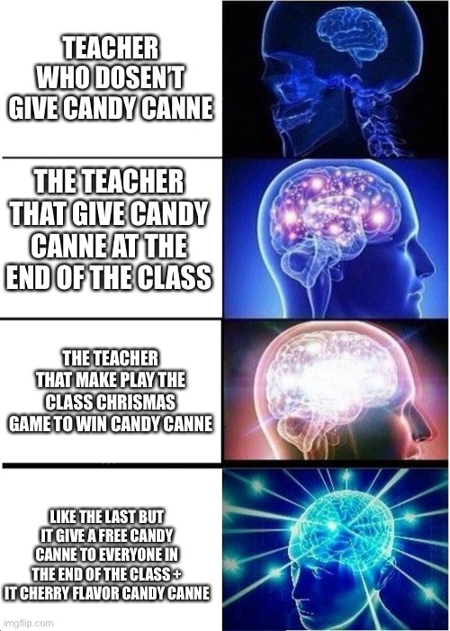 The différent type of teacher on the last day of class before christmas | TEACHER WHO DOSEN’T GIVE CANDY CANNE; THE TEACHER THAT GIVE CANDY CANNE AT THE END OF THE CLASS; THE TEACHER THAT MAKE PLAY THE CLASS CHRISMAS GAME TO WIN CANDY CANNE; LIKE THE LAST BUT IT GIVE A FREE CANDY CANNE TO EVERYONE IN THE END OF THE CLASS + IT CHERRY FLAVOR CANDY CANNE | image tagged in memes,expanding brain | made w/ Imgflip meme maker