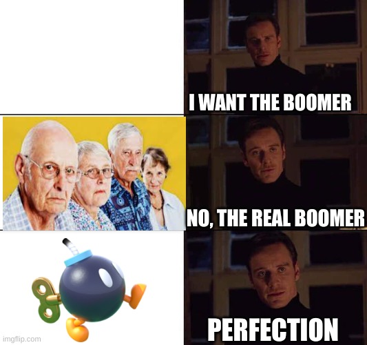Perfect | I WANT THE BOOMER; NO, THE REAL BOOMER; PERFECTION | image tagged in i want the real,perfection,boomer,bomb | made w/ Imgflip meme maker