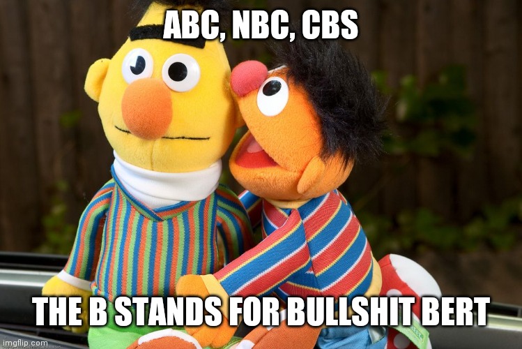 sesame street whisper | ABC, NBC, CBS THE B STANDS FOR BULLSHIT BERT | image tagged in sesame street whisper | made w/ Imgflip meme maker