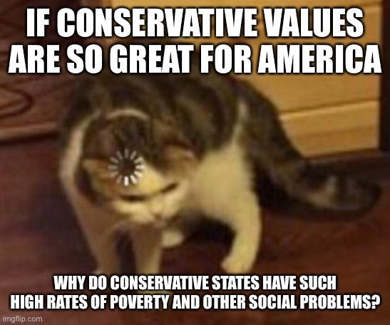 Loading cat | IF CONSERVATIVE VALUES ARE SO GREAT FOR AMERICA; WHY DO CONSERVATIVE STATES HAVE SUCH HIGH RATES OF POVERTY AND OTHER SOCIAL PROBLEMS? | image tagged in loading cat | made w/ Imgflip meme maker