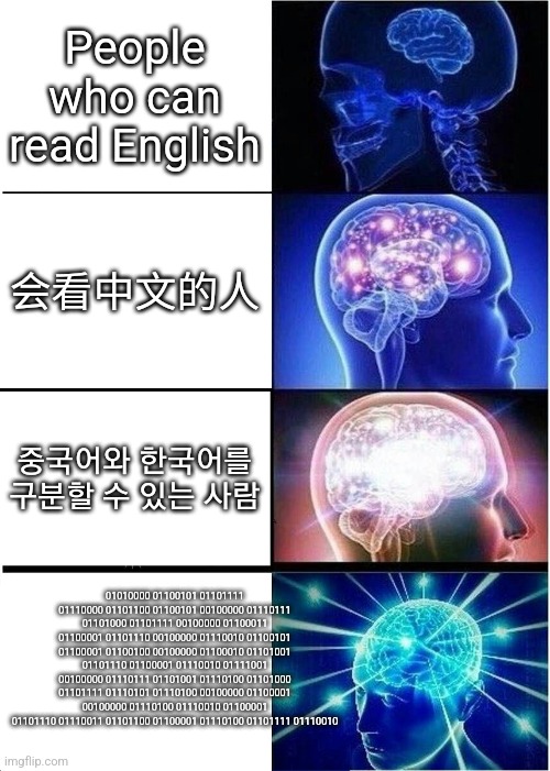 No cheating. | People who can read English; 会看中文的人; 중국어와 한국어를 구분할 수 있는 사람; 01010000 01100101 01101111 01110000 01101100 01100101 00100000 01110111 01101000 01101111 00100000 01100011 01100001 01101110 00100000 01110010 01100101 01100001 01100100 00100000 01100010 01101001 01101110 01100001 01110010 01111001 00100000 01110111 01101001 01110100 01101000 01101111 01110101 01110100 00100000 01100001 00100000 01110100 01110010 01100001 01101110 01110011 01101100 01100001 01110100 01101111 01110010 | image tagged in memes,expanding brain,language | made w/ Imgflip meme maker