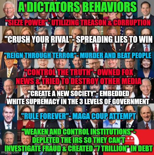 Republican Traitors | A DICTATORS BEHAVIORS; "SIEZE POWER"- UTILIZING TREASON & CORRUPTION; "CRUSH YOUR RIVAL"- SPREADING LIES TO WIN; "REIGN THROUGH TERROR"- MURDER AND BEAT PEOPLE; "CONTROL THE TRUTH"- OWNED FOX NEWS & TRIED TO DESTROY OTHER MEDIA; "CREATE A NEW SOCIETY"- EMBEDDED WHITE SUPREMACY IN THE 3 LEVELS OF GOVERNMENT; "RULE FOREVER"- MAGA COUP ATTEMPT; "WEAKEN AND CONTROL INSTITUTIONS"- DEPLETED THE IRS SO THEY CAN'T INVESTIGATE FRAUD & CREATED "7 TRILLION" IN DEBT | image tagged in republican traitors | made w/ Imgflip meme maker