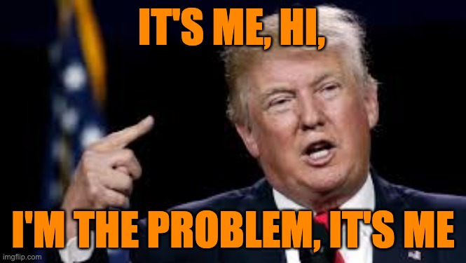 IT’S ME, HI, I’M THE PROBLEM, IT’S ME | IT'S ME, HI, I'M THE PROBLEM, IT'S ME | image tagged in trump,schadenfreude,magnificent ambersons,taylor swift | made w/ Imgflip meme maker