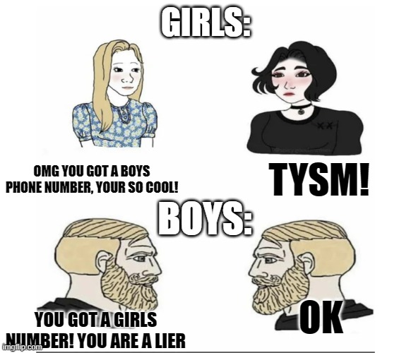 Men vs Women | GIRLS:; OMG YOU GOT A BOYS PHONE NUMBER, YOUR SO COOL! TYSM! BOYS:; OK; YOU GOT A GIRLS NUMBER! YOU ARE A LIER | image tagged in men vs women | made w/ Imgflip meme maker