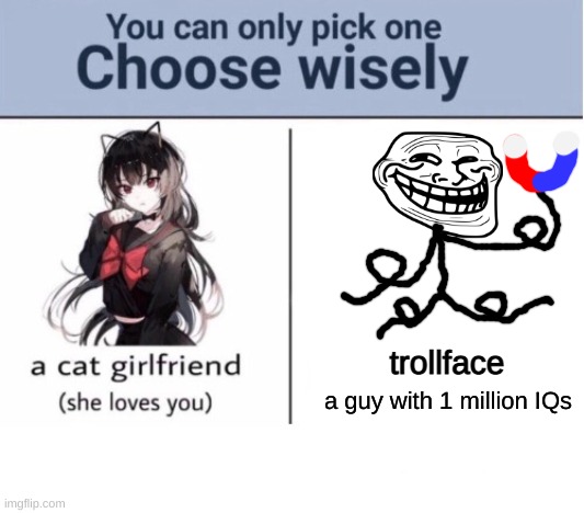 im going with the 1 million IQ guy | trollface; a guy with 1 million IQs | image tagged in choose wisely,trollface,iq | made w/ Imgflip meme maker