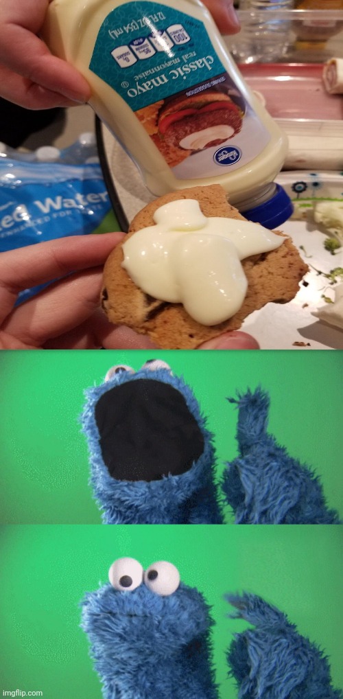 Mayonnaise on a cookie | image tagged in cookie monster wait what,mayo,cookie,mayonnaise,cursed image,memes | made w/ Imgflip meme maker