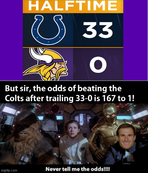 Odds - Kirk Cousins | image tagged in captain kirk solo,minnesota vikings,biggest comeback,vikings vs colts,never quit,33-0 | made w/ Imgflip meme maker