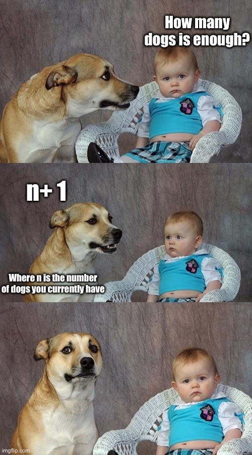 Too many dogs? Yeah… Nah | How many dogs is enough? n+ 1; Where n is the number of dogs you currently have | image tagged in memes,dad joke dog,formula | made w/ Imgflip meme maker