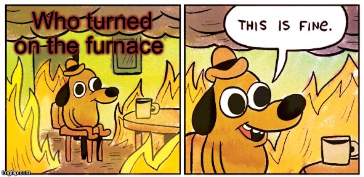 This Is Fine | Who turned on the furnace | image tagged in memes,this is fine | made w/ Imgflip meme maker