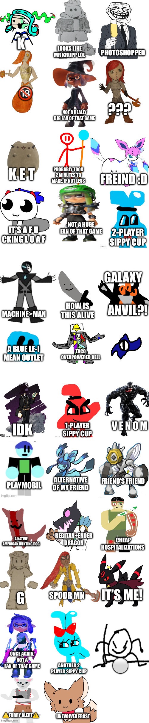 Yes | K; LOOKS LIKE MR KRUPP LOL; PHOTOSHOPPED; 🔞; ??? NOT A REALLY BIG FAN OF THAT GAME; K E T; PROBABLY TOOK 2 MINUTES TO MAKE, IF NOT LESS; FREIND :D; NOT A HUGE FAN OF THAT GAME; IT’S A F U CKING L O A F; 2-PLAYER SIPPY CUP; GALAXY; ANVIL?! HOW IS THIS ALIVE; MACHINE>MAN; TACO OVERPOWERED BELL; A BLUE LE-I MEAN OUTLET; V E N O M; IDK; 1-PLAYER SIPPY CUP; FRIEND’S FRIEND; PLAYMOBIL; ALTERNATIVE OF MY FRIEND; REGITAN+ENDER DRAGON; CHEAP HOSPITALIZATIONS; A NATIVE AMERICAN HUNTING DOG; SPODR MN; IT’S ME! G; ONCE AGAIN, NOT A FAN OF THAT GAME; ⚪️; ANOTHER 2 PLAYER SIPPY CUP; ⚠️FURRY ALERT⚠️; UNEVOLVED FROST | image tagged in imgflip bossfights list wbvmnfktiojmngf | made w/ Imgflip meme maker