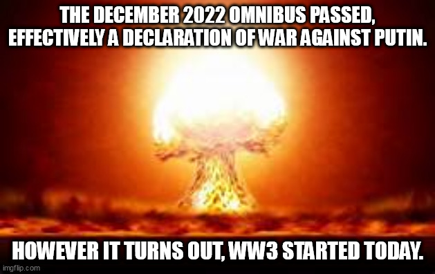 REMEMBER THIS DAY. |  THE DECEMBER 2022 OMNIBUS PASSED, EFFECTIVELY A DECLARATION OF WAR AGAINST PUTIN. HOWEVER IT TURNS OUT, WW3 STARTED TODAY. | image tagged in armageddon | made w/ Imgflip meme maker