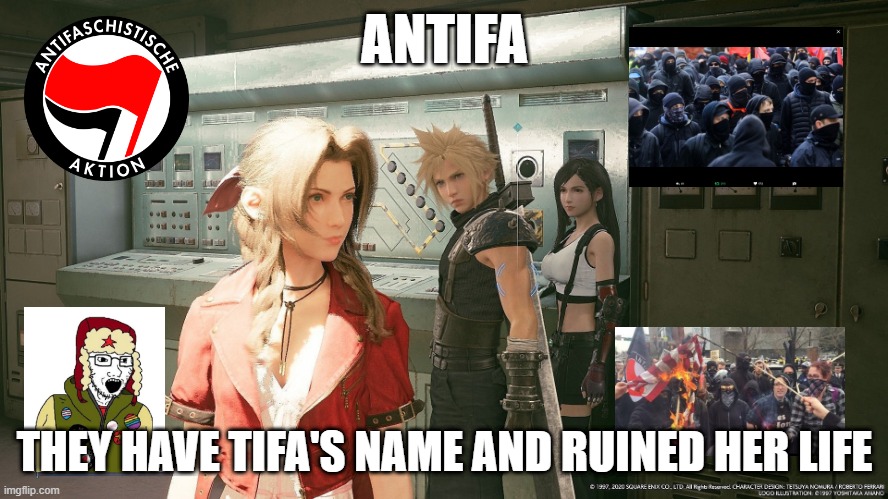 antifa ruined tifa | ANTIFA; THEY HAVE TIFA'S NAME AND RUINED HER LIFE | image tagged in jealous tifa | made w/ Imgflip meme maker