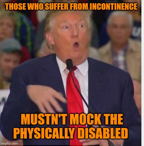 Ancient Chinese proverb | THOSE WHO SUFFER FROM INCONTINENCE; MUSTN'T MOCK THE PHYSICALLY DISABLED | image tagged in donald trump tho | made w/ Imgflip meme maker