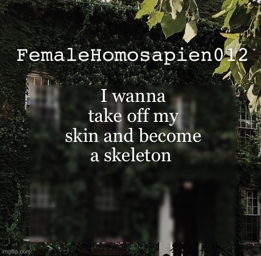 Doot skele | I wanna take off my skin and become a skeleton | image tagged in femalehomosapien012 | made w/ Imgflip meme maker