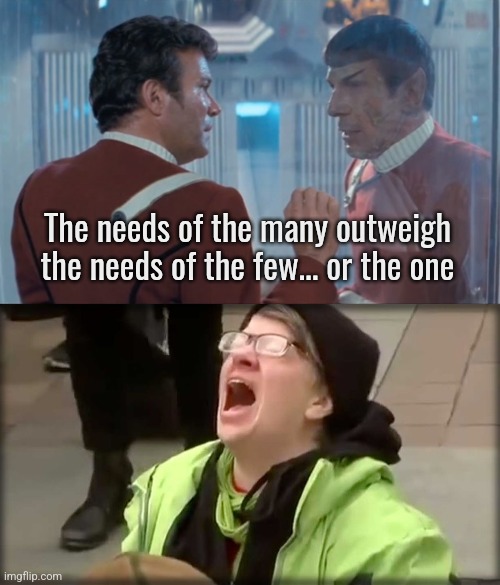 This Spock would be canceled today for saying that. | The needs of the many outweigh the needs of the few... or the one | image tagged in trump sjw no,memes,politics,spock,democracy | made w/ Imgflip meme maker