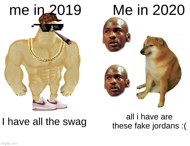 My meme for hitting 500 views on one meme | me in 2019; Me in 2020; I have all the swag; all i have are these fake jordans :( | image tagged in memes,buff doge vs cheems | made w/ Imgflip meme maker
