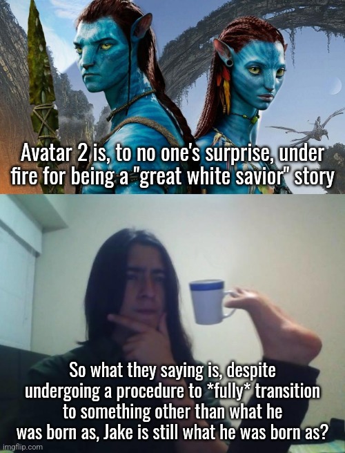 Eating the cake | Avatar 2 is, to no one's surprise, under fire for being a "great white savior" story; So what they saying is, despite undergoing a procedure to *fully* transition to something other than what he was born as, Jake is still what he was born as? | image tagged in hmmmm,memes,politics,woke hypocrisy | made w/ Imgflip meme maker