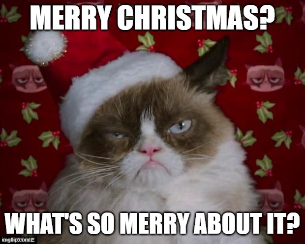 Grumpy Cat Christmas | MERRY CHRISTMAS? WHAT'S SO MERRY ABOUT IT? | image tagged in grumpy cat christmas,greetings | made w/ Imgflip meme maker