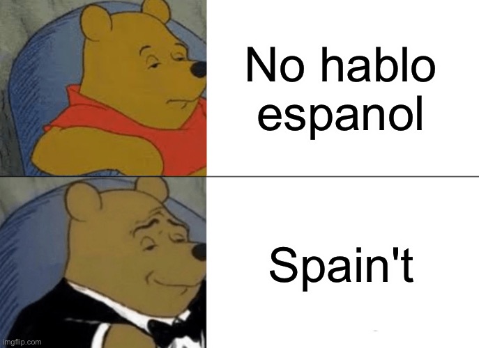 Spain't | No hablo espanol; Spain't | image tagged in memes,tuxedo winnie the pooh,funny,funny memes,spain,countries | made w/ Imgflip meme maker