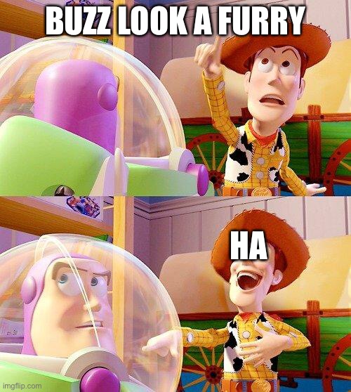 Buzz Look an Alien! | BUZZ LOOK A FURRY; HA | image tagged in buzz look an alien,furry,woody,buzz lightyear | made w/ Imgflip meme maker