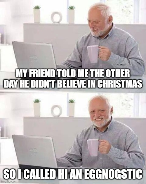 Don't Believe | MY FRIEND TOLD ME THE OTHER DAY HE DIDN'T BELIEVE IN CHRISTMAS; SO I CALLED HI AN EGGNOGSTIC | image tagged in memes,hide the pain harold | made w/ Imgflip meme maker