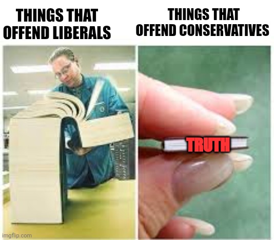 Big book | THINGS THAT OFFEND CONSERVATIVES; THINGS THAT OFFEND LIBERALS; TRUTH | image tagged in big book | made w/ Imgflip meme maker