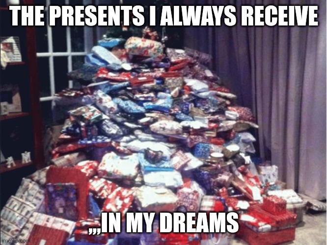 300 Xmas presents | THE PRESENTS I ALWAYS RECEIVE; ,,,IN MY DREAMS | image tagged in 300 xmas presents | made w/ Imgflip meme maker