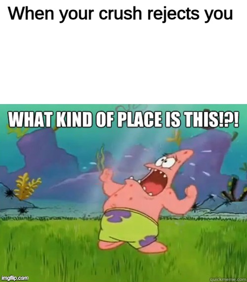 What kind of place is this? | When your crush rejects you | image tagged in what kind of place is this | made w/ Imgflip meme maker