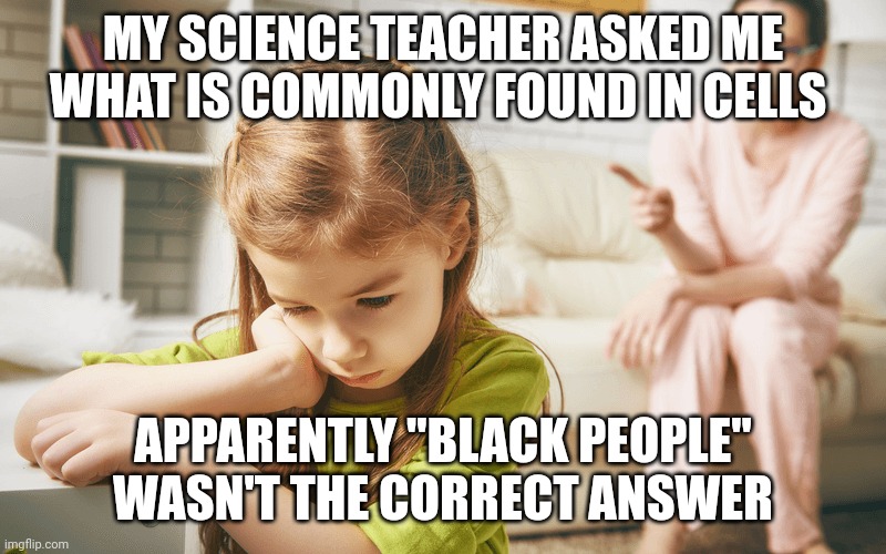 Lol | MY SCIENCE TEACHER ASKED ME WHAT IS COMMONLY FOUND IN CELLS; APPARENTLY "BLACK PEOPLE" WASN'T THE CORRECT ANSWER | image tagged in lazy susan | made w/ Imgflip meme maker