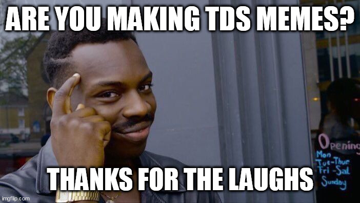 Roll Safe Think About It Meme | ARE YOU MAKING TDS MEMES? THANKS FOR THE LAUGHS | image tagged in memes,roll safe think about it | made w/ Imgflip meme maker