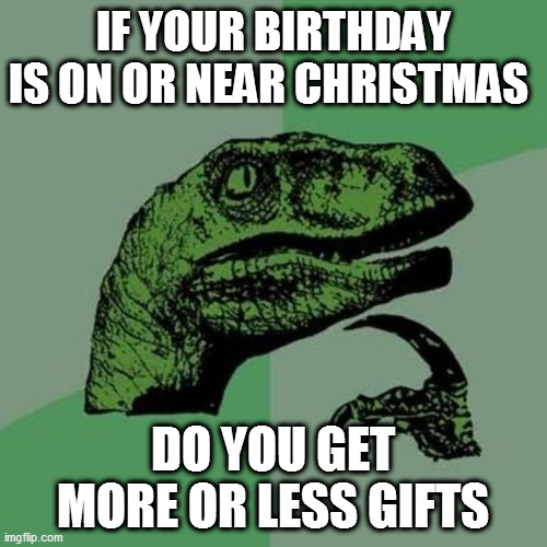 raptor | IF YOUR BIRTHDAY IS ON OR NEAR CHRISTMAS; DO YOU GET MORE OR LESS GIFTS | image tagged in raptor | made w/ Imgflip meme maker