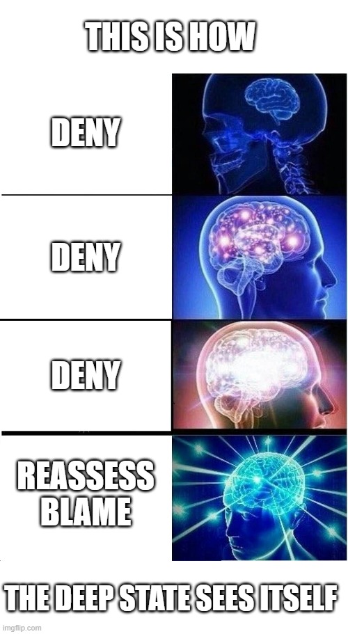 Expanding Brain | THIS IS HOW; DENY; DENY; DENY; REASSESS BLAME; THE DEEP STATE SEES ITSELF | image tagged in memes,expanding brain | made w/ Imgflip meme maker