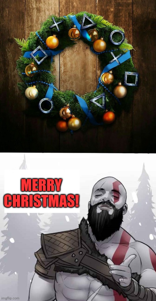 A PLAYSTATION CHRISTMAS WREATH | MERRY CHRISTMAS! | image tagged in god of war drake,christmas,playstation,god of war | made w/ Imgflip meme maker