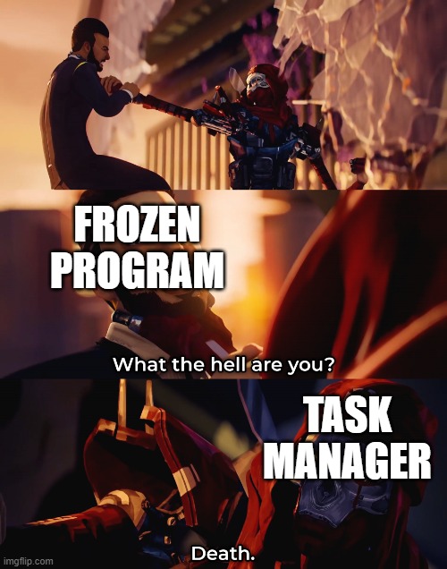 What to do with frozen programs | FROZEN PROGRAM; TASK MANAGER | image tagged in what the hell are you death | made w/ Imgflip meme maker