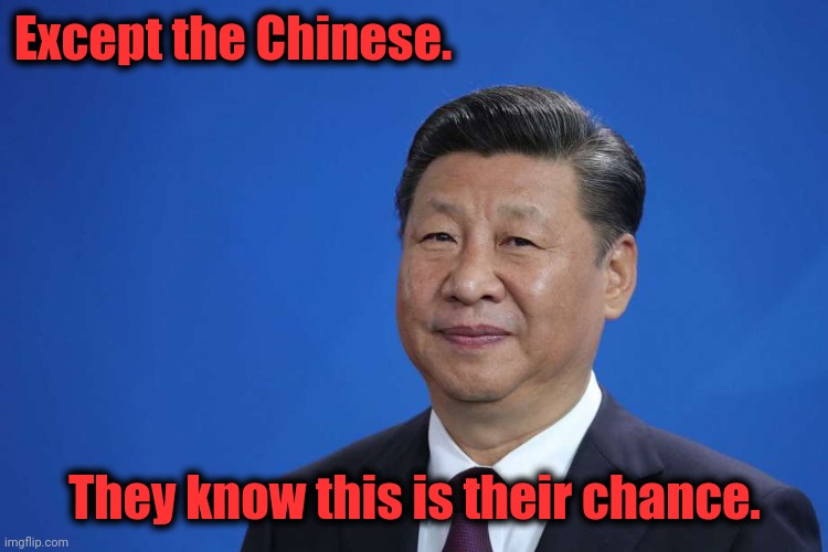 Xi Jinping | Except the Chinese. They know this is their chance. | image tagged in xi jinping | made w/ Imgflip meme maker