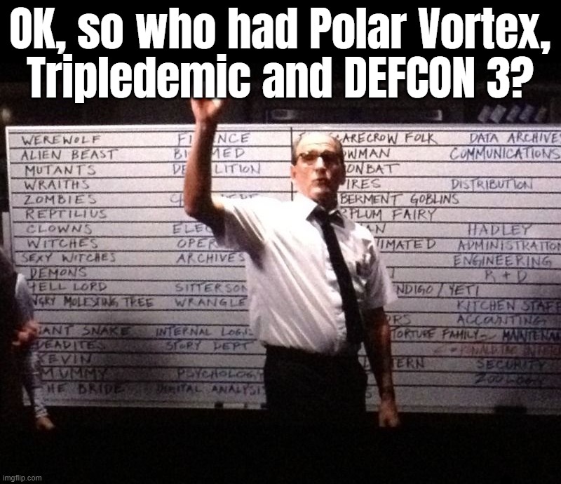 IKR?! | OK, so who had Polar Vortex,
Tripledemic and DEFCON 3? | image tagged in cabin in the woods bets | made w/ Imgflip meme maker