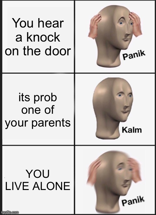 Stranger | You hear a knock on the door; its prob one of your parents; YOU LIVE ALONE | image tagged in memes,panik kalm panik | made w/ Imgflip meme maker