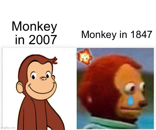 … | Monkey  in 2007; Monkey in 1847 | image tagged in memes,monkey puppet,funny,dark humor,lol | made w/ Imgflip meme maker