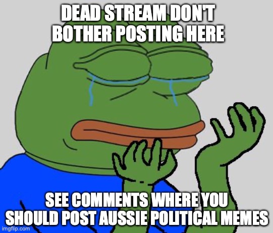 Here lies Australian_politics stream, January/February 2022 until December 2022 | DEAD STREAM DON'T BOTHER POSTING HERE; SEE COMMENTS WHERE YOU SHOULD POST AUSSIE POLITICAL MEMES | image tagged in pepe cry,australian_politics,dead stream,dead,stream | made w/ Imgflip meme maker